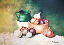 Load image into Gallery viewer, Onions Still Life Original Oil Painting Artwork Signed by Artist Jeanette McCracken
